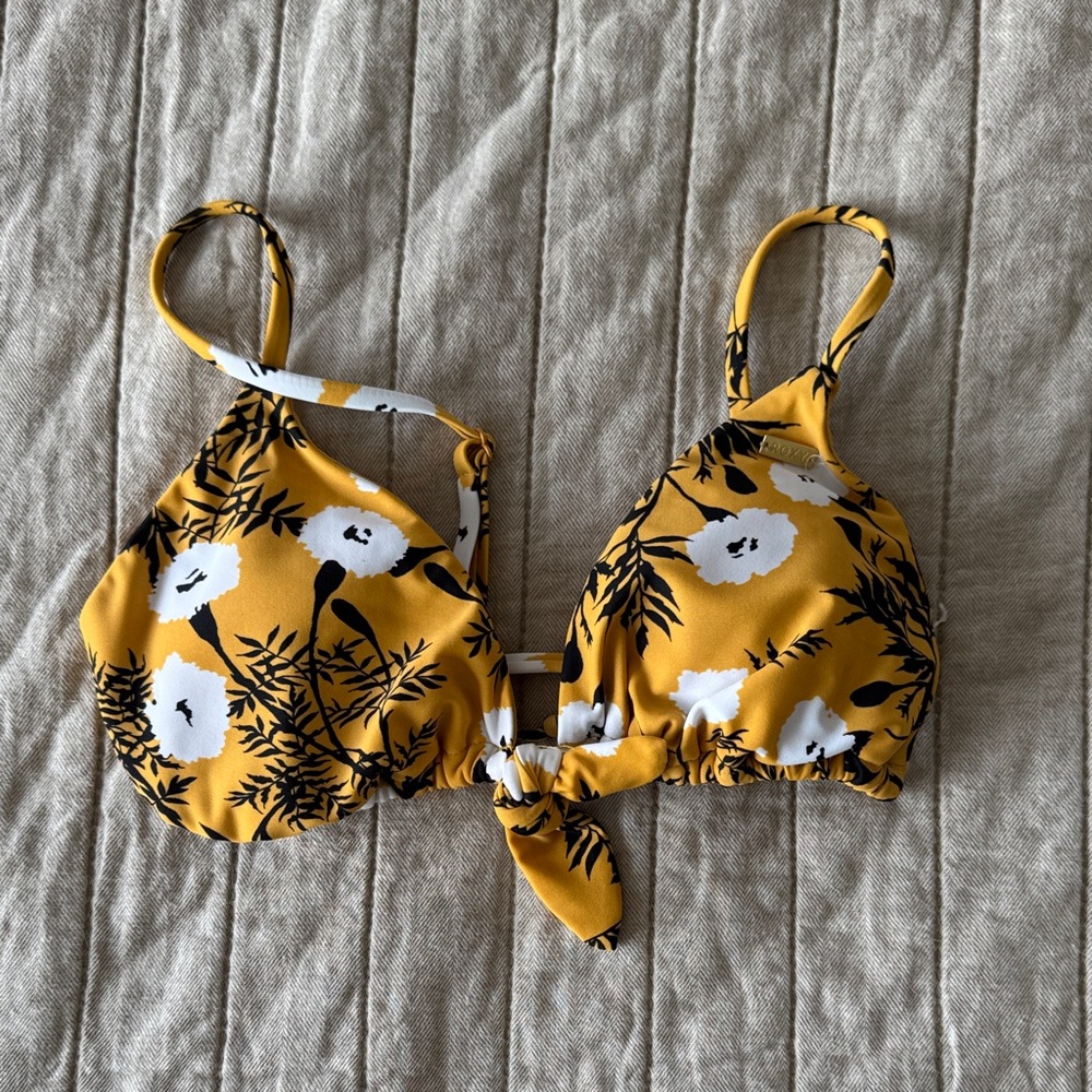 Roxy Yellow Floral Tie-Front Bikini Top